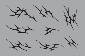 set pack of Tribal shape cover. Y2k cyber gothic abstract neo-tribal frames with ornamental tattoo elements, artistic metal streetwear design. Vector tribalistic tattoos set