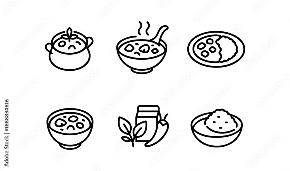 Poster simple linear icons of various soups and stews with minimalist design