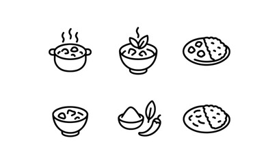 Simple line icons of mexican cuisine dishes including tacos, salsa, and soup