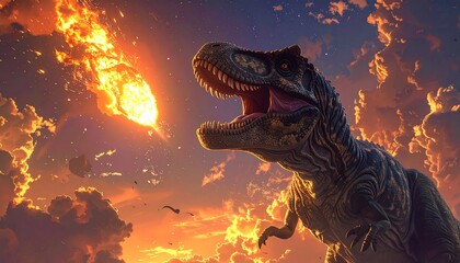A Tyrannosaurus Rex roars in terror as a fiery meteor streaks across the sky.