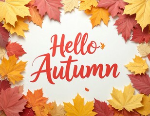 A vibrant collection of fiery red and golden yellow autumn leaves lies scattered in a delicate frame on a pristine white background, celebrating the season
