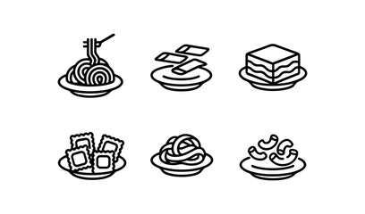 Linear icons of italian pasta dishes on plates