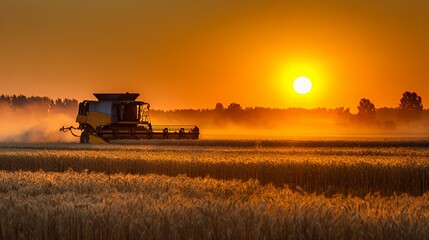 Fototapeta premium A combine harvester at sunset, silhouetted against a golden sky.