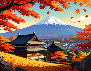 Fototapeta premium A scenic illustration of a traditional Japanese temple with a majestic view of Mount Fuji during the vibrant autumn season
