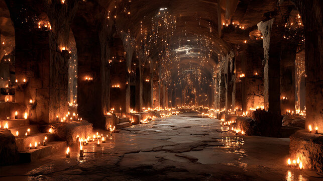 A photorealistic Halloween 2026 wallpaper of an underground catacomb filled with candles