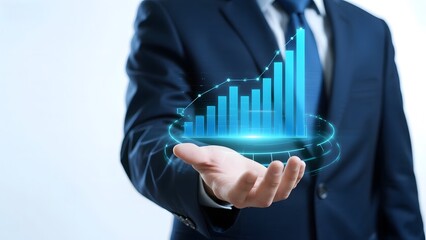 Businessman presenting a holographic upward trending bar graph