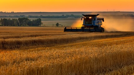 Naklejka premium Harvesting wheat at sunset with a combine harvester in golden fields.