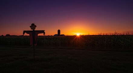 Scarecrow in a golden cornfield at sunset with vibrant sky and distant farm silo