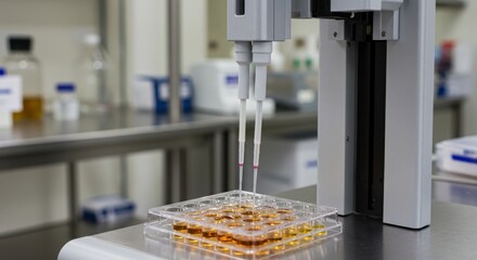Automated liquid handling system dispensing amber liquid into microplate in laboratory