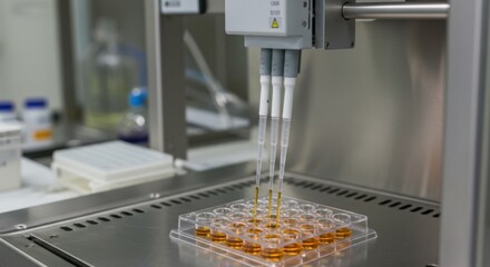 Automated liquid handling system pipetting amber liquid into multi well plate