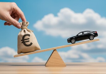 Hand balancing euro money bag and black toy car on a seesaw, symbolizing car cost