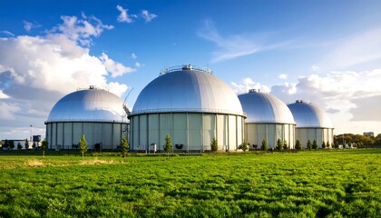 Modern storage tanks in a grassy field