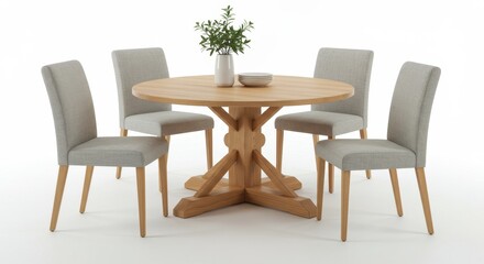 Round wooden dining table with pedestal base and four upholstered chairs