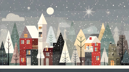 Stylized Winter Village Scene with Falling Snow and Geometric Trees