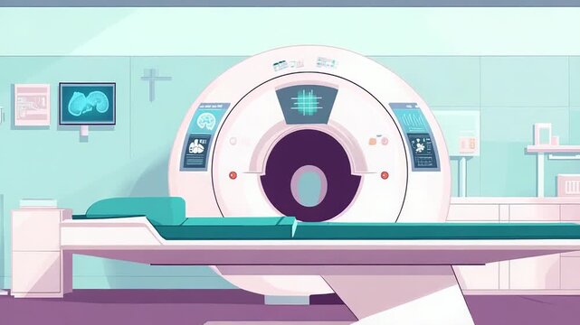 Magnetic resonance imaging scanner in empty hospital room with brain scan on monitor
