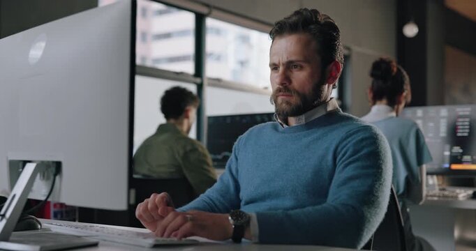 Reading, computer and business man in office for online review, proofreading article and research. Creative, news agency and person on pc for editing report, website portfolio and story publication