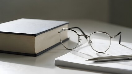 Glasses, a book, and a notebook with a pen on a white desk
