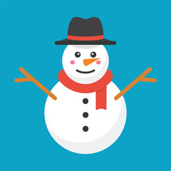 Cute snowman flat vector illustration isolated on a blue background