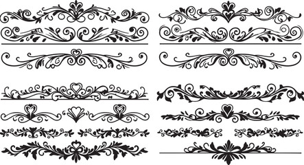 Obraz premium Collection of Black Decorative Floral Swirl Ornaments and Borders on White Background Keywords: ornament, decorative, border, flourish, swirl, scroll, vintage, elegant, filigree, floral, heart