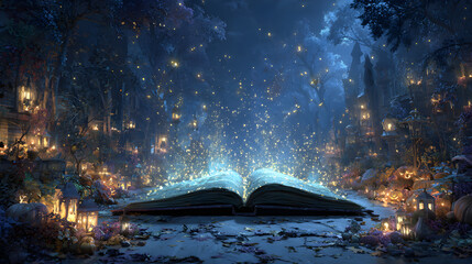 A realistic Halloween 2026 wallpaper of a magical spellbook opening by itself under moonlight