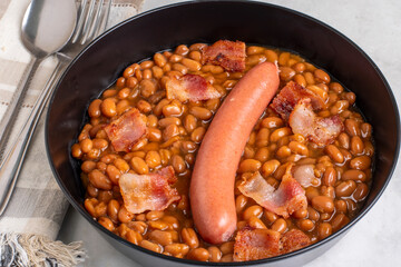 baked beans  with bacon  and hot dog