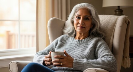 Elderly woman relaxing in armchair while holding a cup of tea  