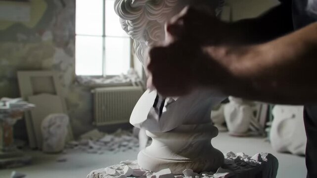 Sculptor hands meticulously carving a classical marble bust in a dusty art studio
