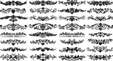 Extensive Collection of Black Decorative Floral Ornaments and Borders on White Background Keywords: ornament, decorative, border, flourish, swirl, scroll, vintage, elegant, filigree, floral, heart