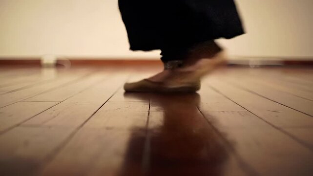 Rhythmic traditional dance steps by a dancer feet on a polished wooden floor