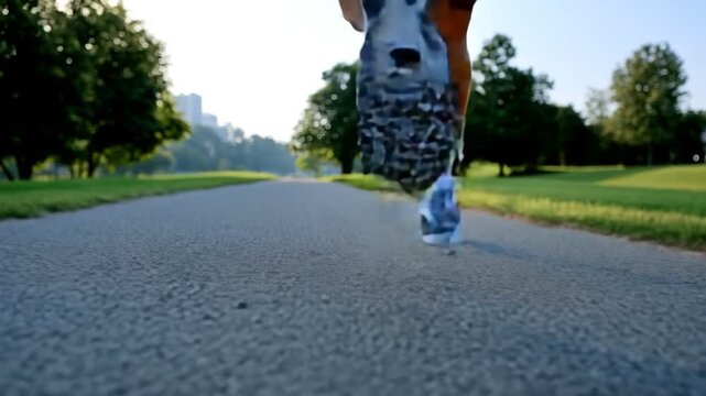 A close-up of a person wearing athletic shoes, jogging on a sunlit path in a park. The focus is on the feet, showcasing the action of running and a healthy lifestyle. - Powered by Adobe