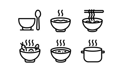 Minimalist outline icons of bowls with soup, noodles, and spoons