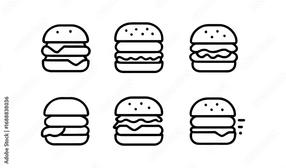 Poster minimalist burger icons set with simple line art style