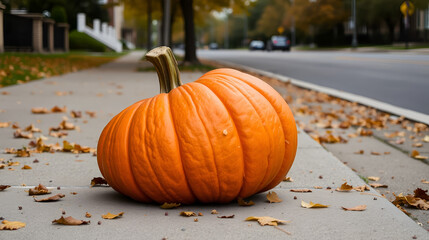 A pumpkin smashed on a sidewalk with a quiet, leafy street in the background