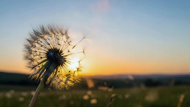 The sun sets behind a fluffy dandelion, illuminating its seeds and stems, with a pastel sunset and seeds blown by the wind, symbolizing lightness and new beginnings
