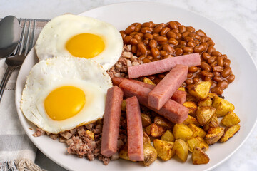 fried eggs with corn beef hash and spam fries