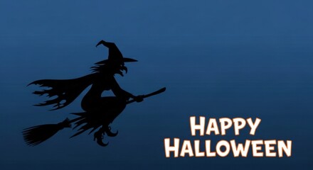 Fototapeta premium Spooky witch silhouette flying on broom for Halloween night and party invite designs, eerie celebration graphic