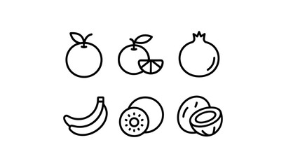 Minimalist fruit icon set: citrus, banana, kiwi, coconut, pomegranate in linear style