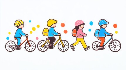 Fototapeta premium Children Riding Bicycles in Bright Colors with Fun Background Elements
