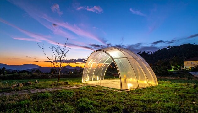 Curved greenhouses glowing at twilight, translucent roofs, grassy field, trees in background, warm light, sustainable agriculture setting