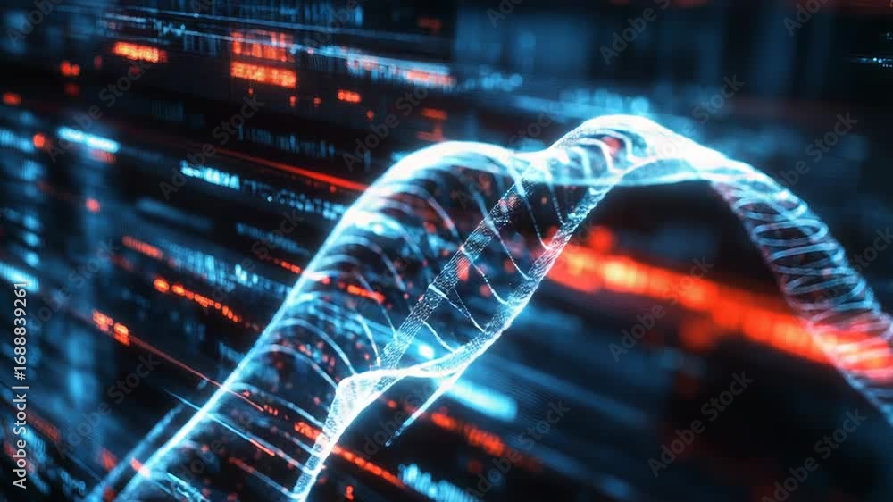 Aufkleber digital dna helix rotating with futuristic data stream in background