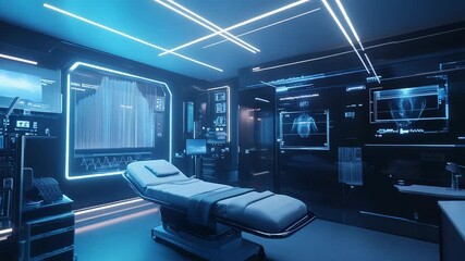 Futuristic operating room showing medical data on transparent screens - Powered by Adobe