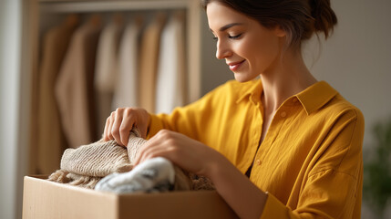 Woman decluttering a wardrobe sorting clothes for donation minimalism charity donation wardrobe organization with copy space