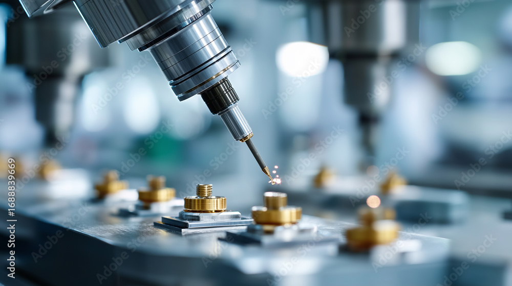 Poster microrobot swarms assembling parts in a clean lab engineers monitoring precision controls space tech