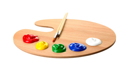 Wooden artist's palette with dabs of vibrant red, yellow, green, blue, and white paint and a paintbrush, isolated on a white background