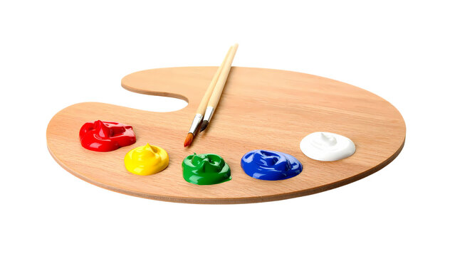 Wooden artist's palette with dabs of vibrant red, yellow, green, blue, and white paint and a paintbrush, isolated on a white background - Powered by Adobe
