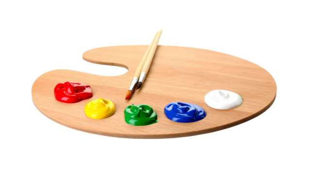Wooden artist's palette with dabs of vibrant red, yellow, green, blue, and white paint and a paintbrush, isolated on a white background