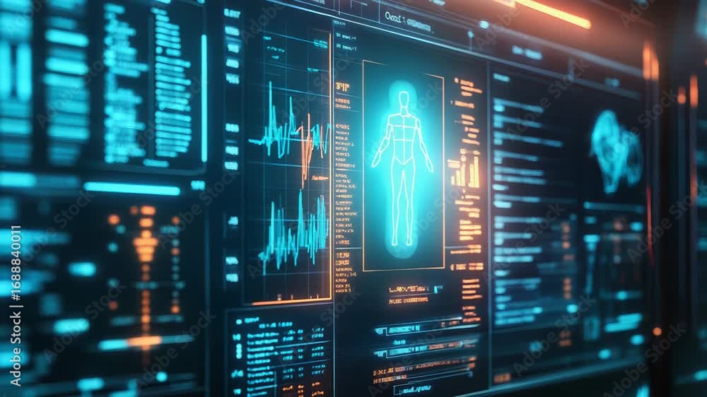 Poster futuristic interface displaying medical data and body scan information