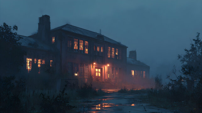 A realistic Halloween 2026 wallpaper of a creepy abandoned school at night, broken windows, flickering lights, and mist rising from the ground