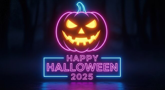Vibrant neon Halloween pumpkin design with Happy Halloween 2025 message for spooky holiday celebrations