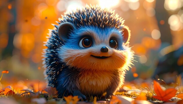 Stylized hedgehog with blue and orange spines, furry face, autumn forest floor, warm bokeh lights, magical and whimsical setting - Powered by Adobe